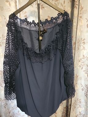 Colleen Lopez Navy Blue Crochet Lace Blouse